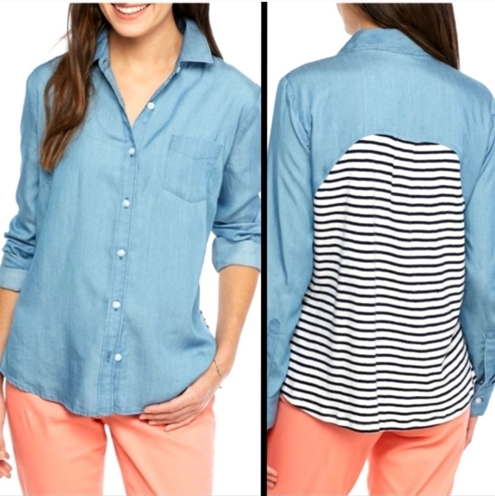 CROWN & IVY Women's Mixed Media Chambray Denim, Black & White Striped  Shirt/Top